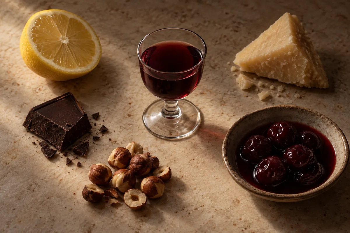 A measured cherry liqueur sample surrounded by lemon, dark chocolate, aged cheese, toasted nuts, and a small dish of sour cherries arranged by pairing function
