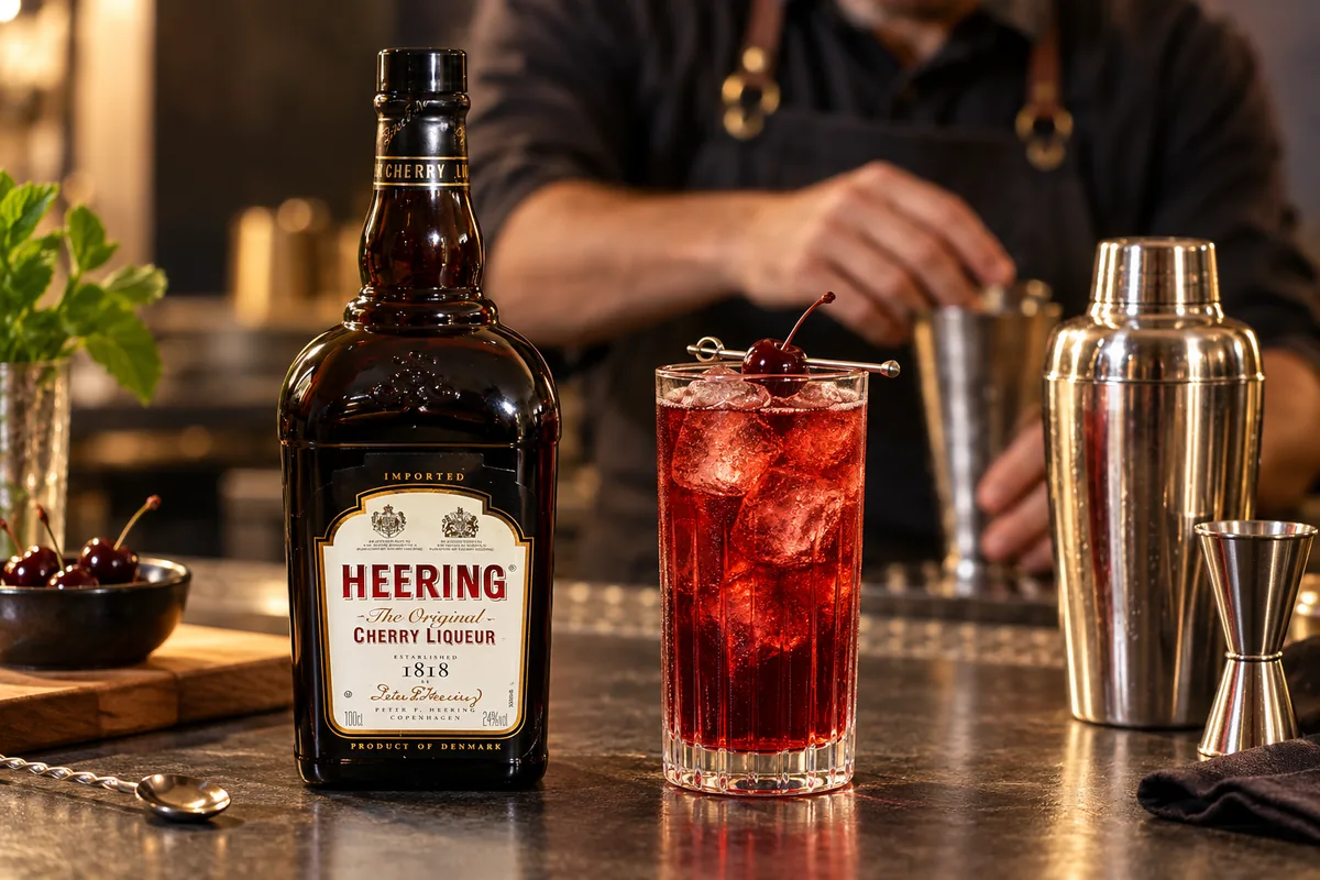 A recognizable Cherry Heering liqueur bottle beside a tall red cherry cocktail while an adult bartender works in the background.