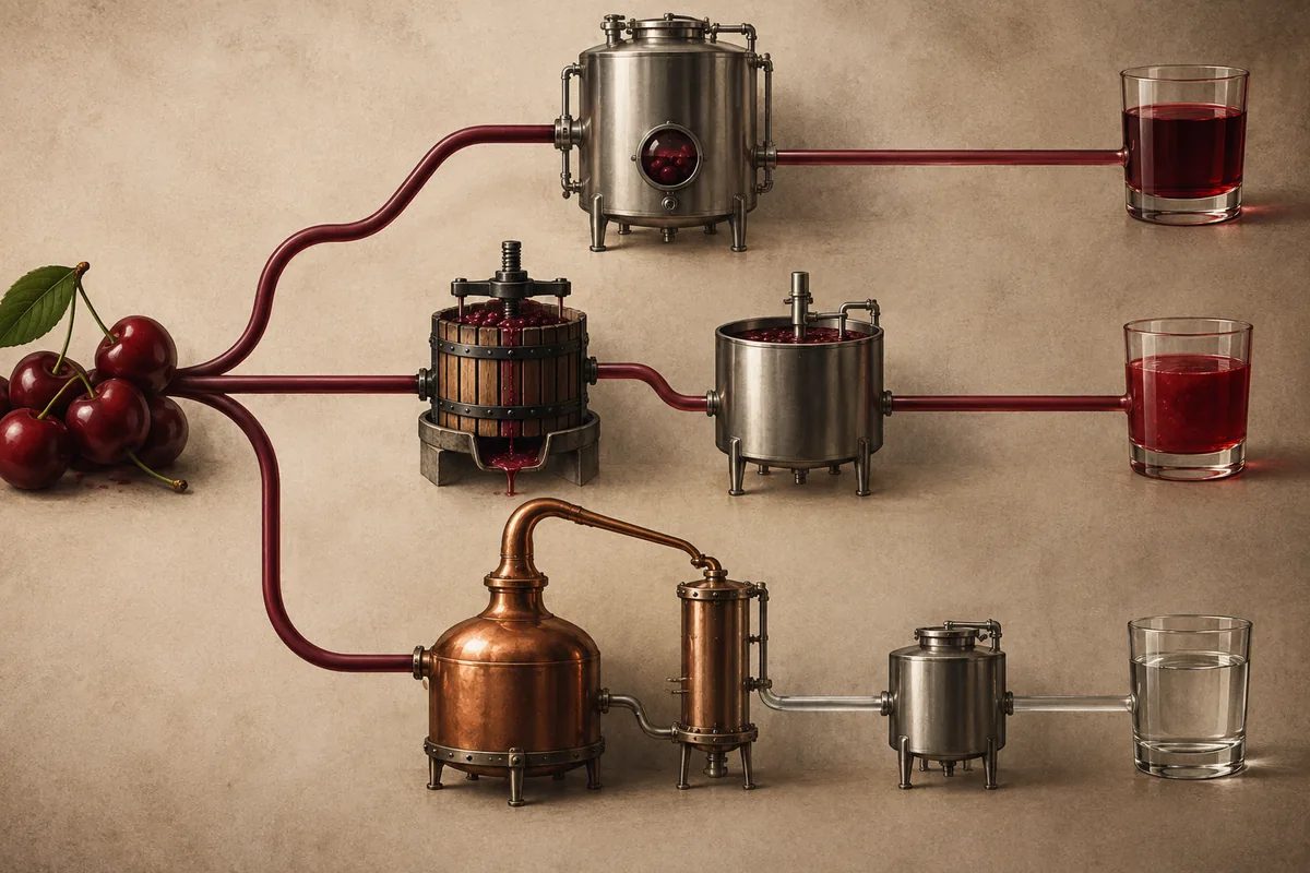 Editorial process illustration showing cherries moving through infusion and juice routes toward red liqueur while a distillation route leads to a clear cherry liqueur