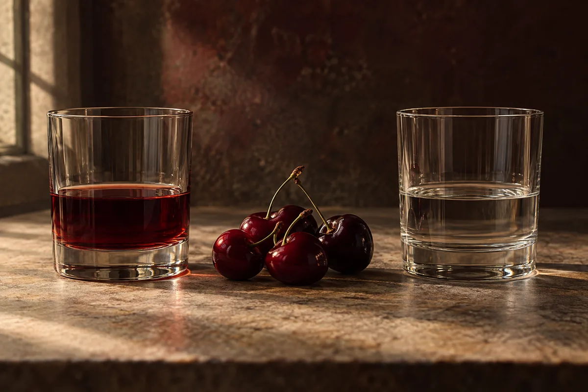 A dark red cherry liqueur sample and a clear cherry spirit sample in matching unbranded glasses with fresh cherries between them