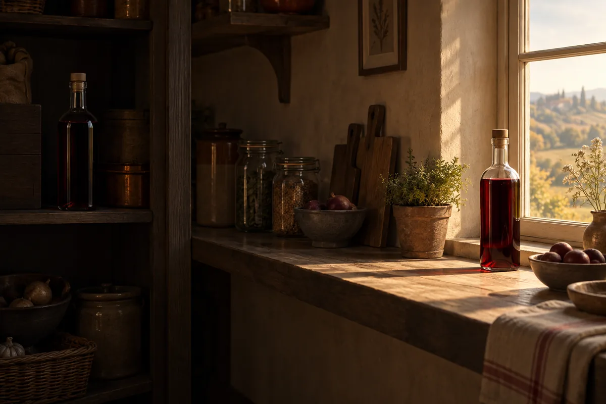 Two matching unbranded cherry liqueur bottles shown upright in a cool dark cupboard and exposed beside a warm sunlit window