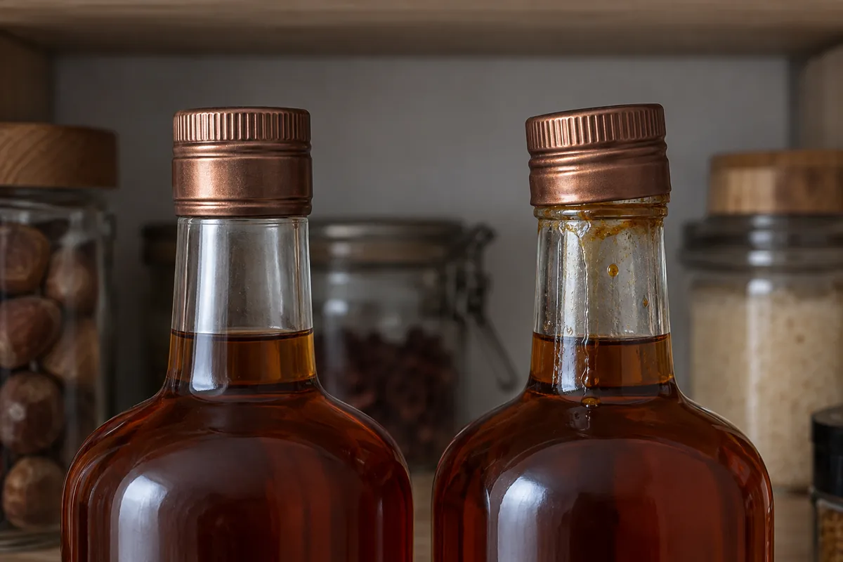 Matching unbranded chestnut liqueur bottle necks showing a clean sealed cap and a sticky poorly seated cap