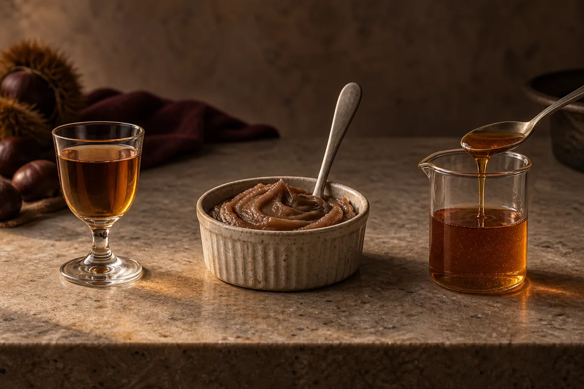A small amber liqueur glass, thick chestnut spread on a spoon, and clear chestnut syrup in separate unbranded vessels