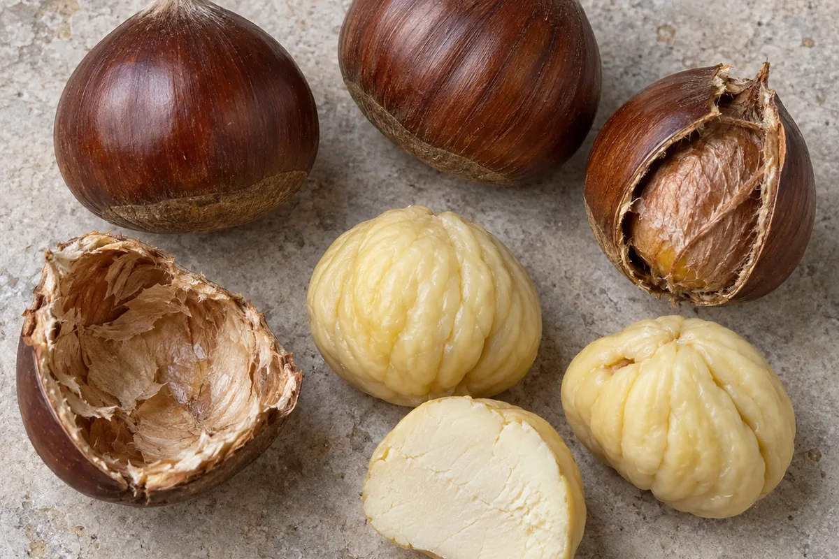 Opened chestnuts, pale roasted kernels, and a small unbranded amber liqueur sample shown together