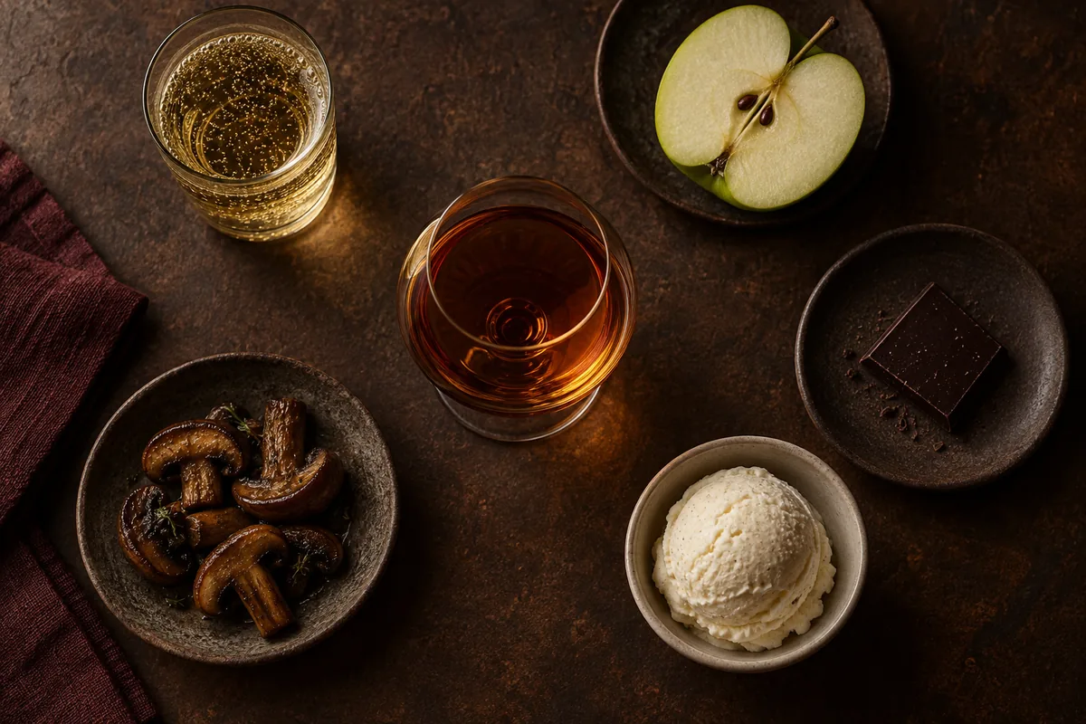 Small chestnut liqueur measure surrounded by dry cider, tart apple, dark chocolate, vanilla ice cream, and roasted mushrooms
