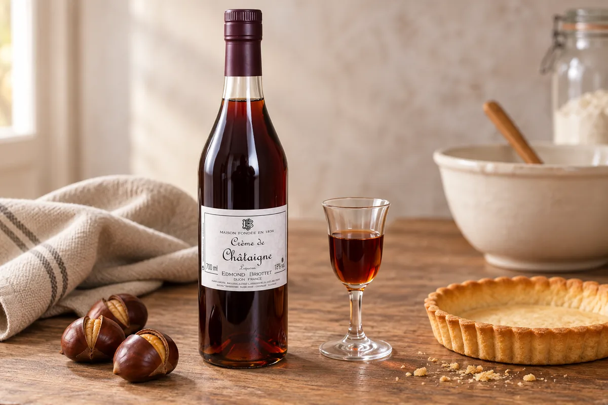 A recognizable Edmond Briottet Cr?me de Ch?taigne bottle beside a cordial glass, roasted chestnuts, and a plain tart shell on a pastry table.