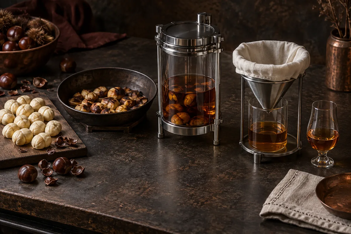 Peeled chestnuts, lightly roasted pieces, an amber infusion vessel, filter cloth, and a finished sample arranged as a production progression
