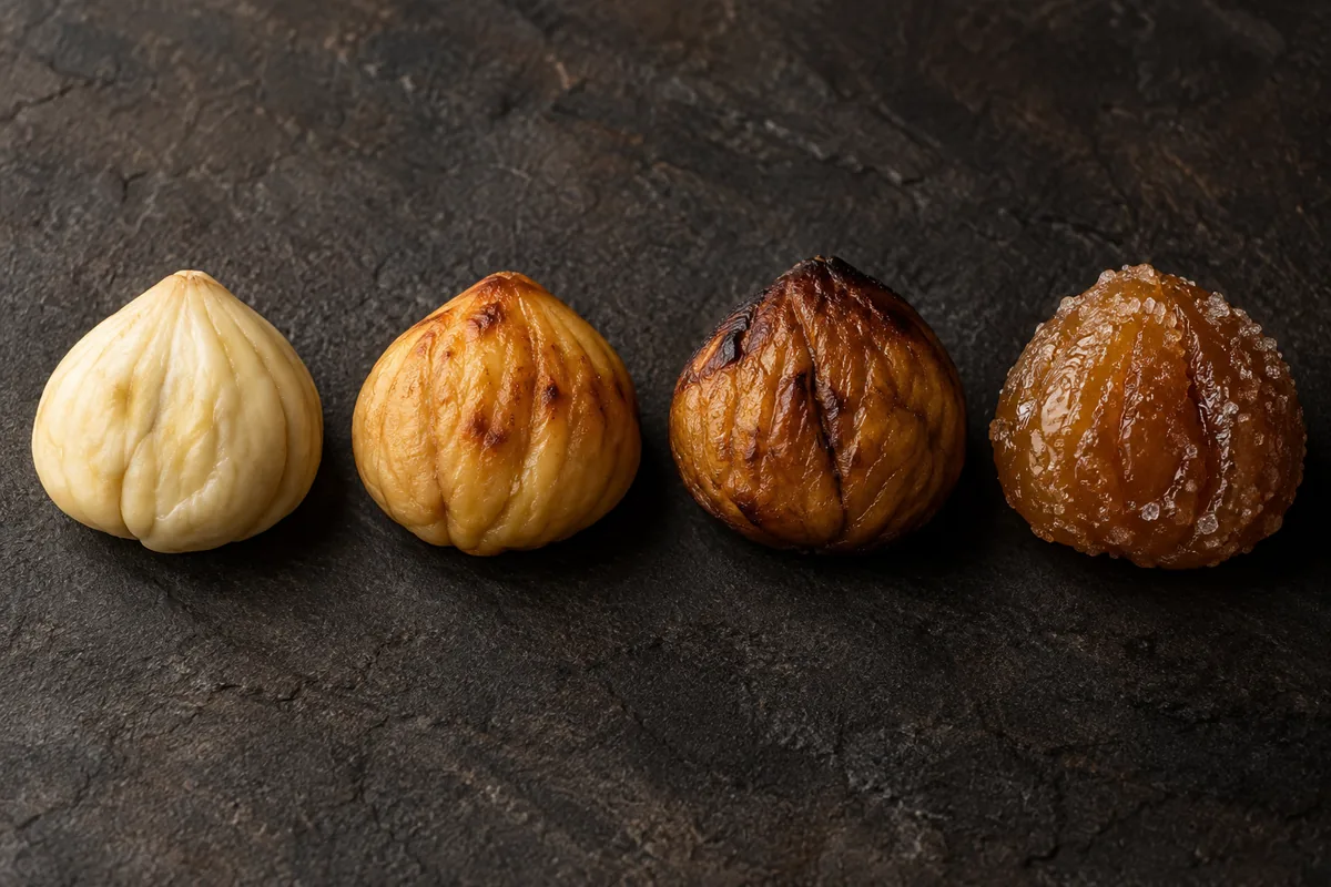 Raw peeled chestnut, lightly roasted chestnut, darker roasted pieces, and candied chestnut shown in a controlled close comparison