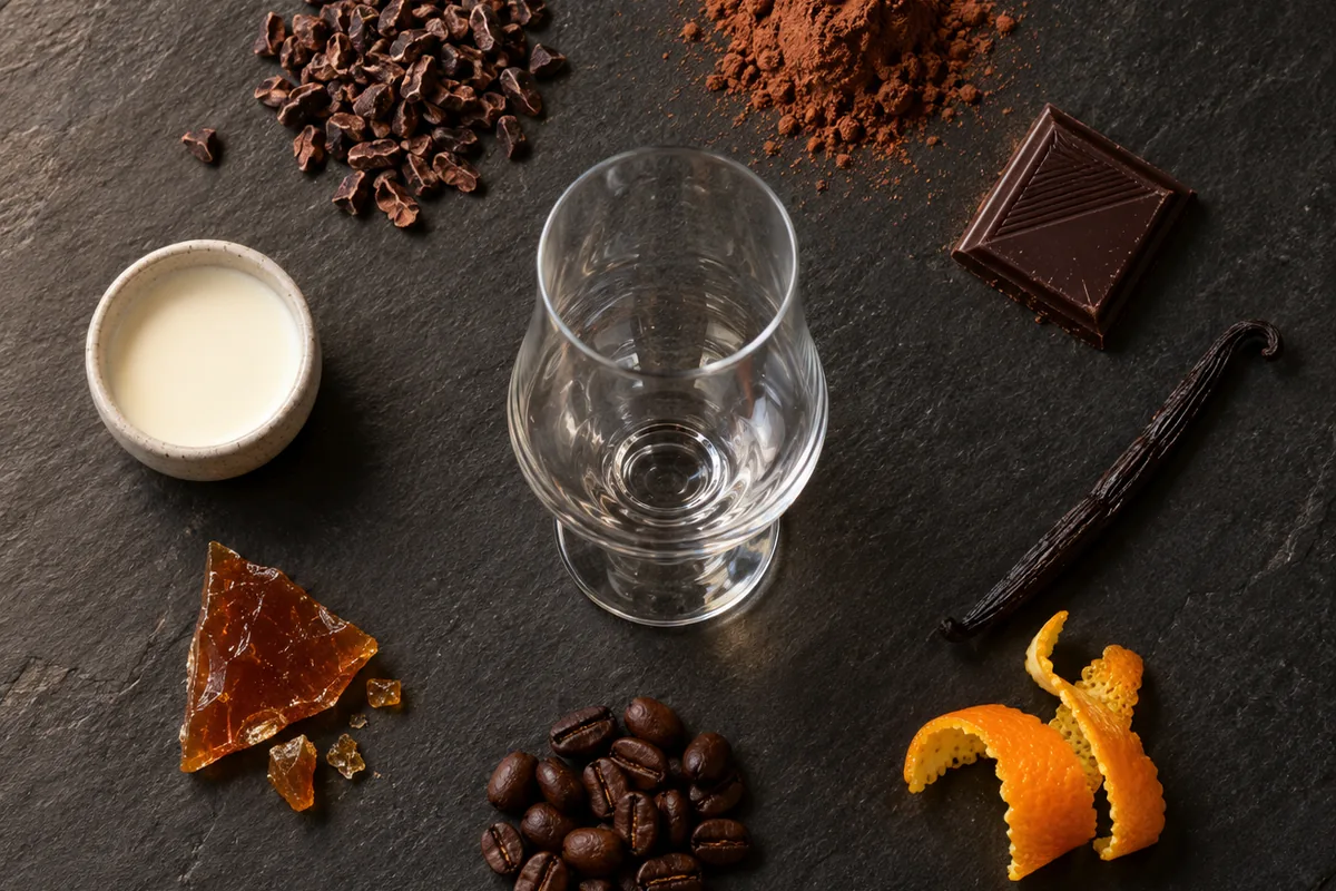 Cacao nibs, cocoa powder, dark chocolate, vanilla bean, orange peel, coffee beans, caramel, and cream arranged as distinct aroma references