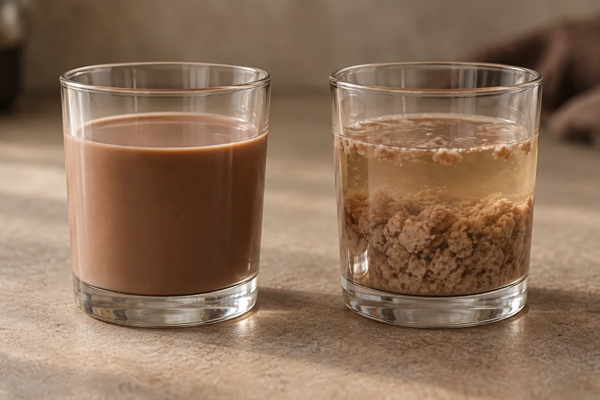 Matching chocolate cream liqueur samples showing a smooth emulsion and an abnormal curdled separated state