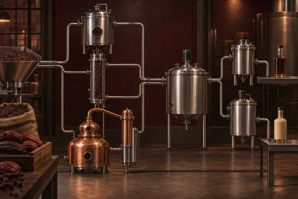 Professional cacao liqueur production routes showing maceration vessel, percolation column, copper still, blending tank, and optional cream emulsion branch