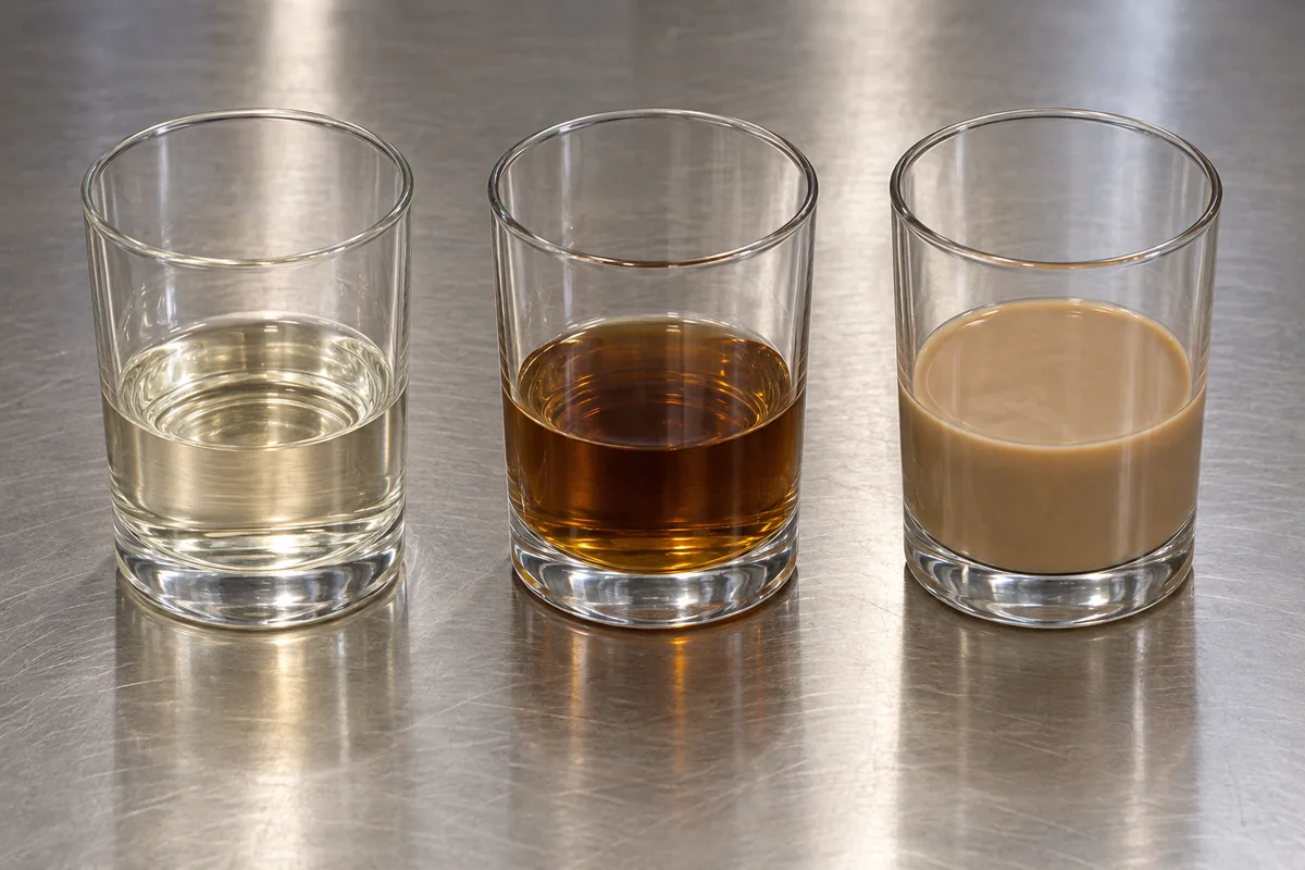 Three matched pale mixtures receiving equal measures of clear cacao liqueur, brown cacao liqueur, and chocolate cream liqueur