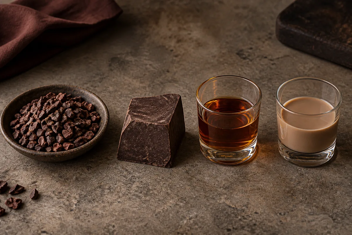 Cacao nibs, solid cocoa mass, clear cacao liqueur, and opaque chocolate cream liqueur shown as four separate materials
