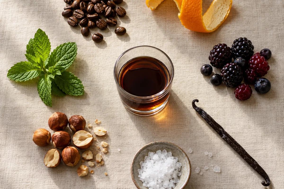 Chocolate liqueur pairing board with coffee, orange peel, dark berries, mint, toasted hazelnuts, sea salt, and vanilla