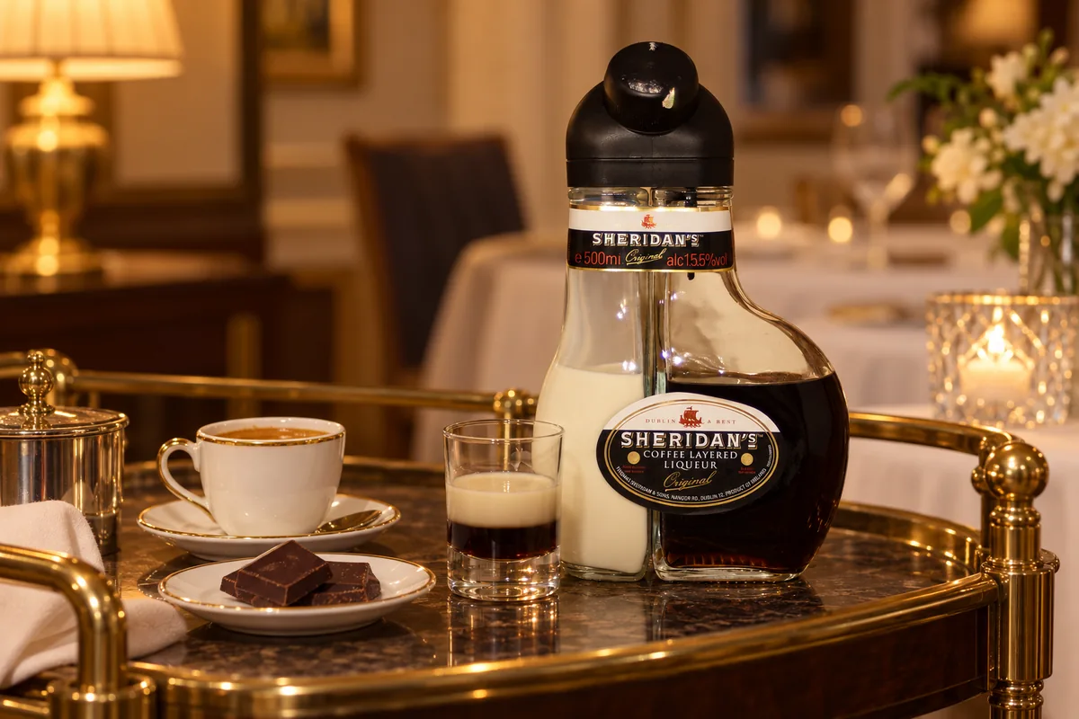 A recognizable Sheridan's Coffee Layered Liqueur dual-chamber bottle beside a layered serving glass, espresso, and dark chocolate on a dessert trolley.