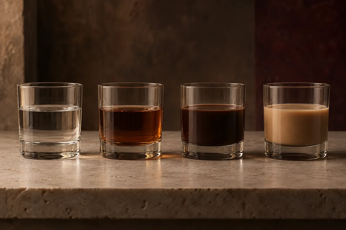 Equal samples of clear cacao liqueur, transparent brown cacao liqueur, dark opaque chocolate liqueur, and pale cream-style chocolate liqueur