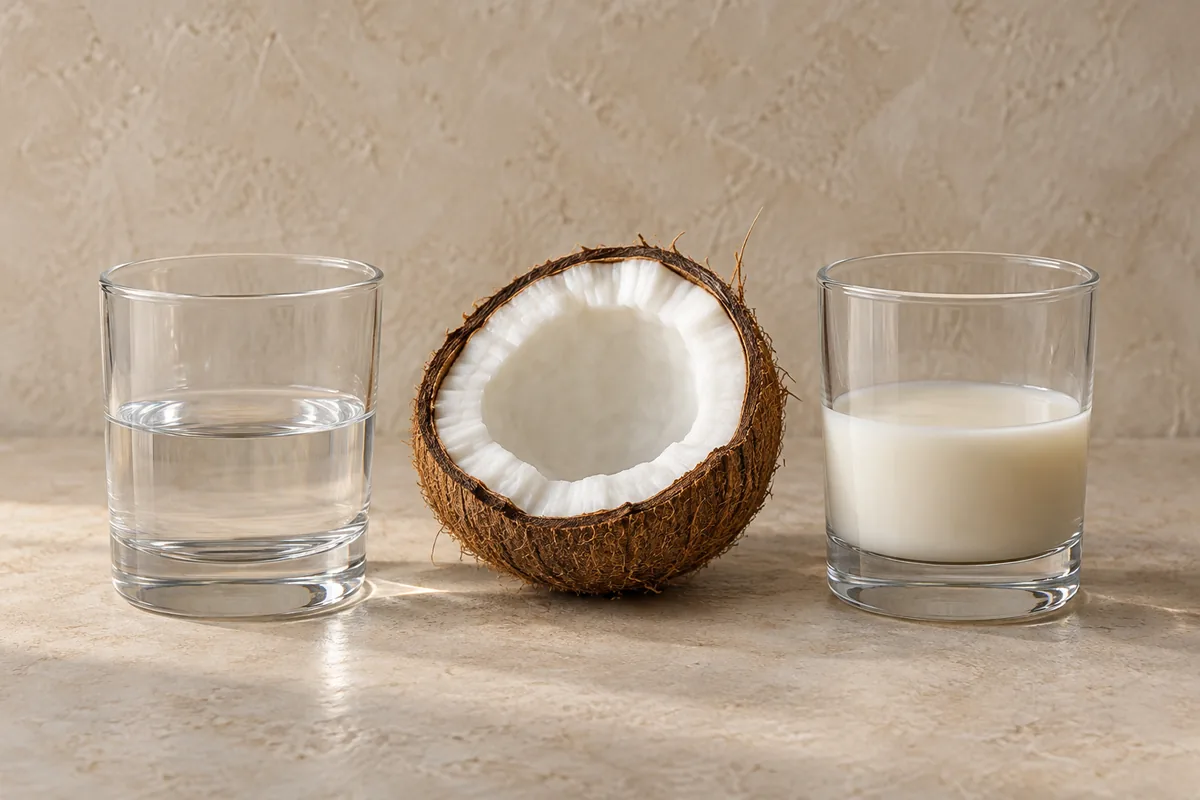 Matching glasses of transparent coconut liqueur and opaque cream-style coconut liqueur beside opened coconut