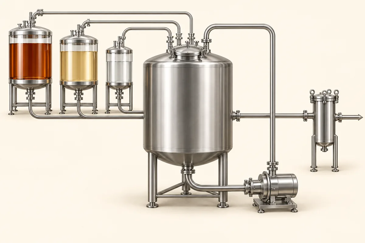 Professional stainless steel blending tank receiving rum, cane syrup, and coconut flavour before recirculation