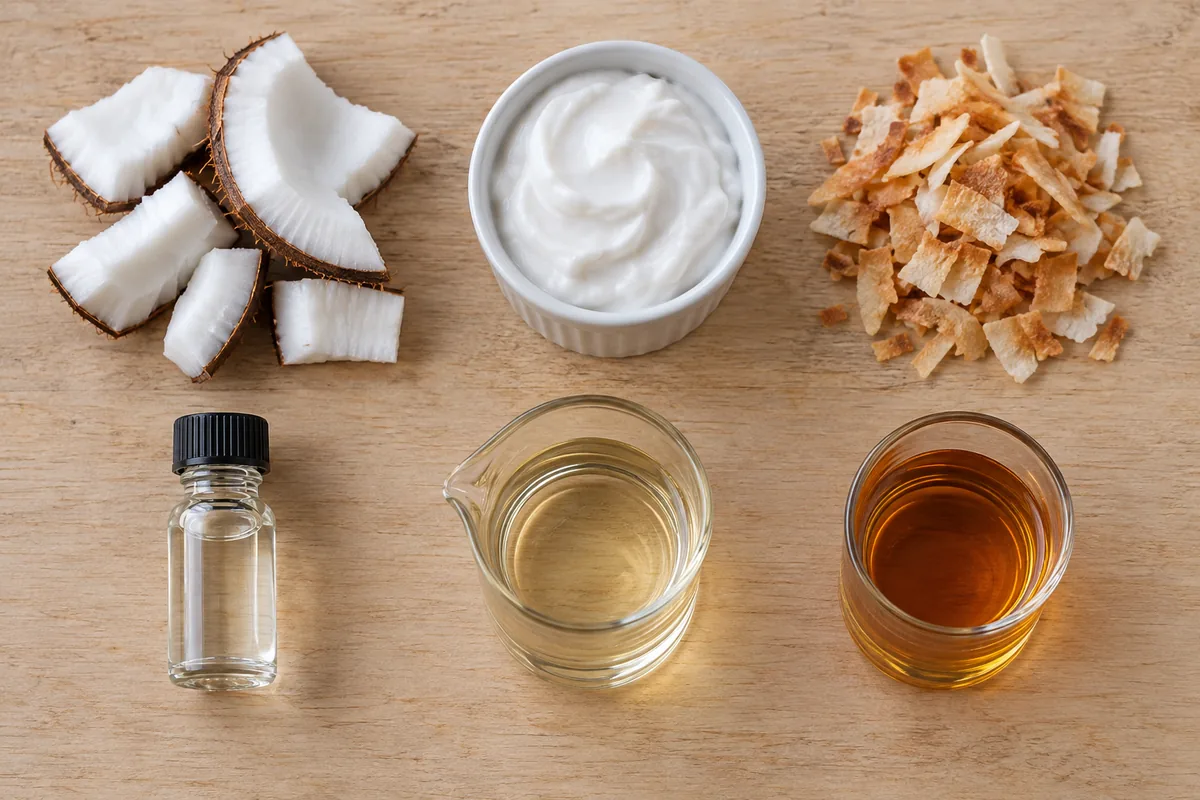 Fresh coconut flesh, coconut cream, toasted flakes, clear aromatic preparation, cane syrup, and a small rum sample in separate vessels