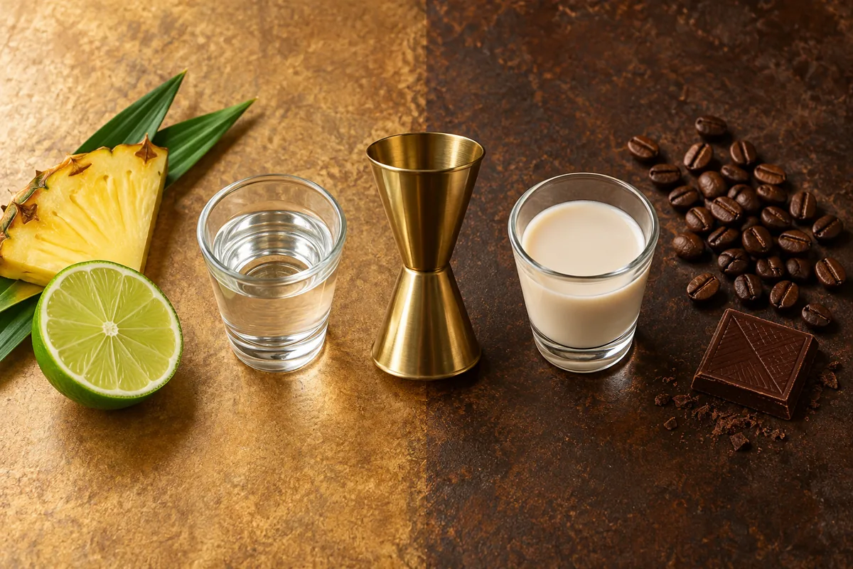 Transparent coconut liqueur measured beside lime and pineapple on one side, with opaque cream-style liqueur beside coffee and dark chocolate on the other