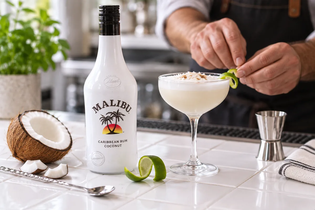 A recognizable Malibu coconut liqueur bottle beside a stemmed coconut cocktail while an adult bartender finishes a lime peel at a tiled prep counter.
