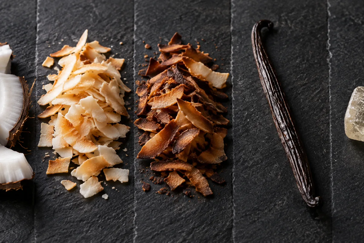 Fresh white coconut flesh, lightly toasted flakes, darker roasted coconut, vanilla pod, and a plain sugar candy arranged as a sensory spectrum
