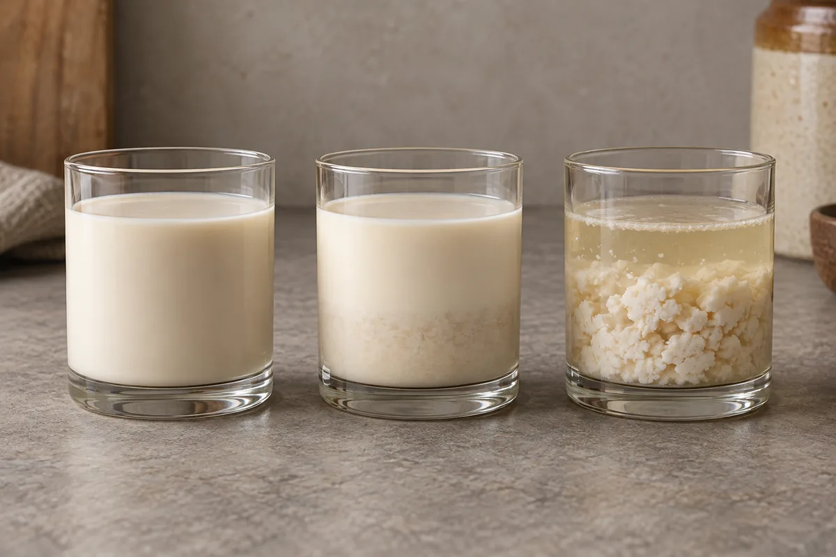 Three coconut cream liqueur samples showing a uniform emulsion, gentle settling, and a broken clumped emulsion