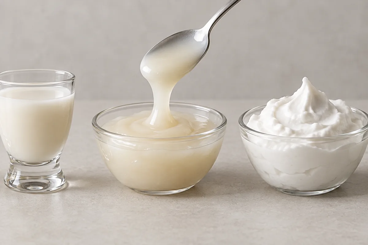 Fluid coconut milk, glossy cream of coconut, and thick coconut cream in three separate unbranded vessels