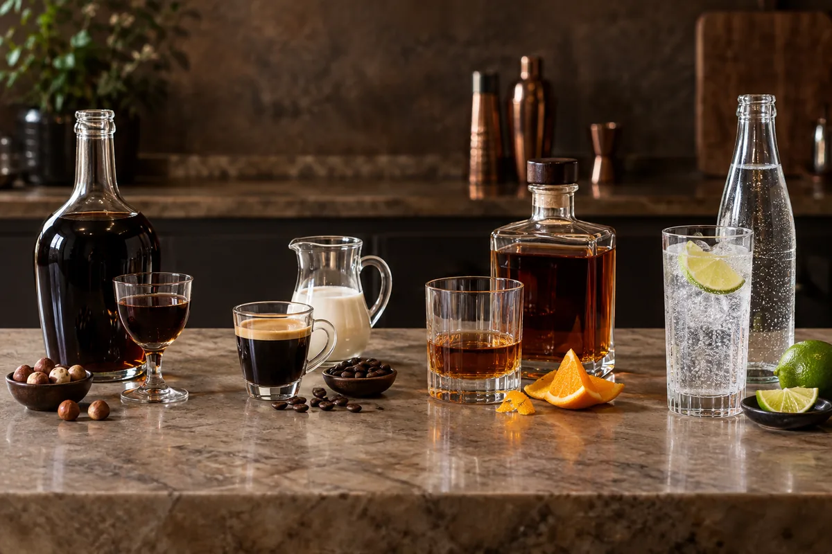 Four measured glasses showing coffee liqueur with espresso, cream, dark spirit, and sparkling water