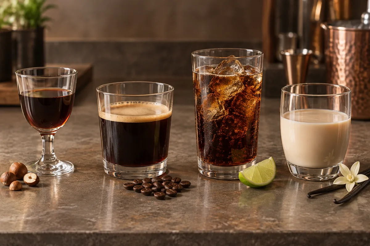 Measured coffee liqueur beside espresso, cold brew, and cola in separate plain glasses