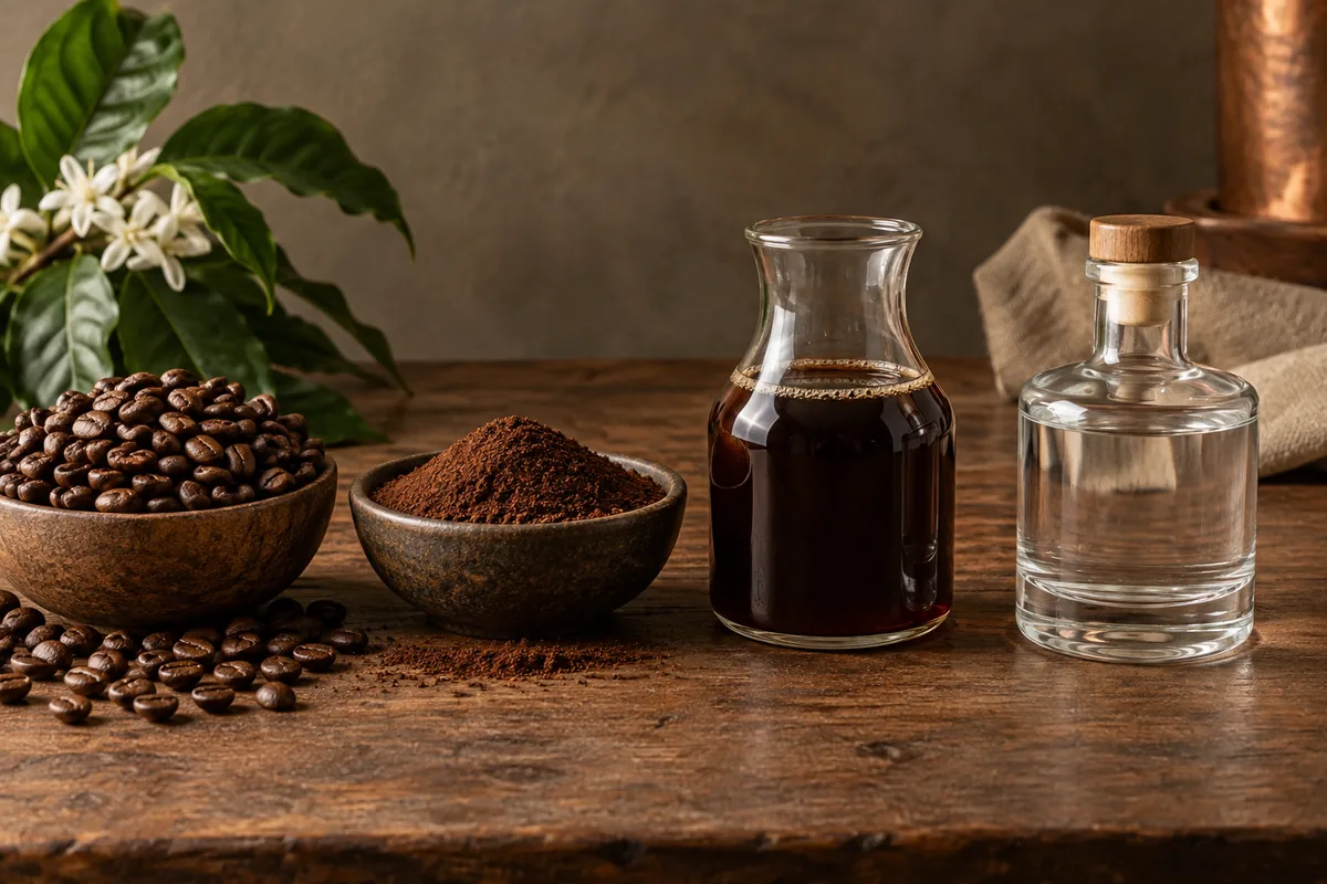 Coffee beans, coarse grounds, cold coffee extract, and clear aromatic distillate arranged in sequence