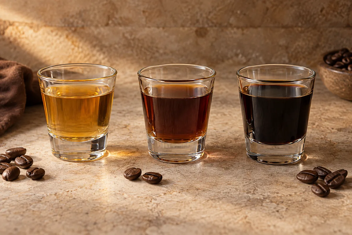 Three unbranded coffee liqueur samples ranging from translucent brown to dense near-black