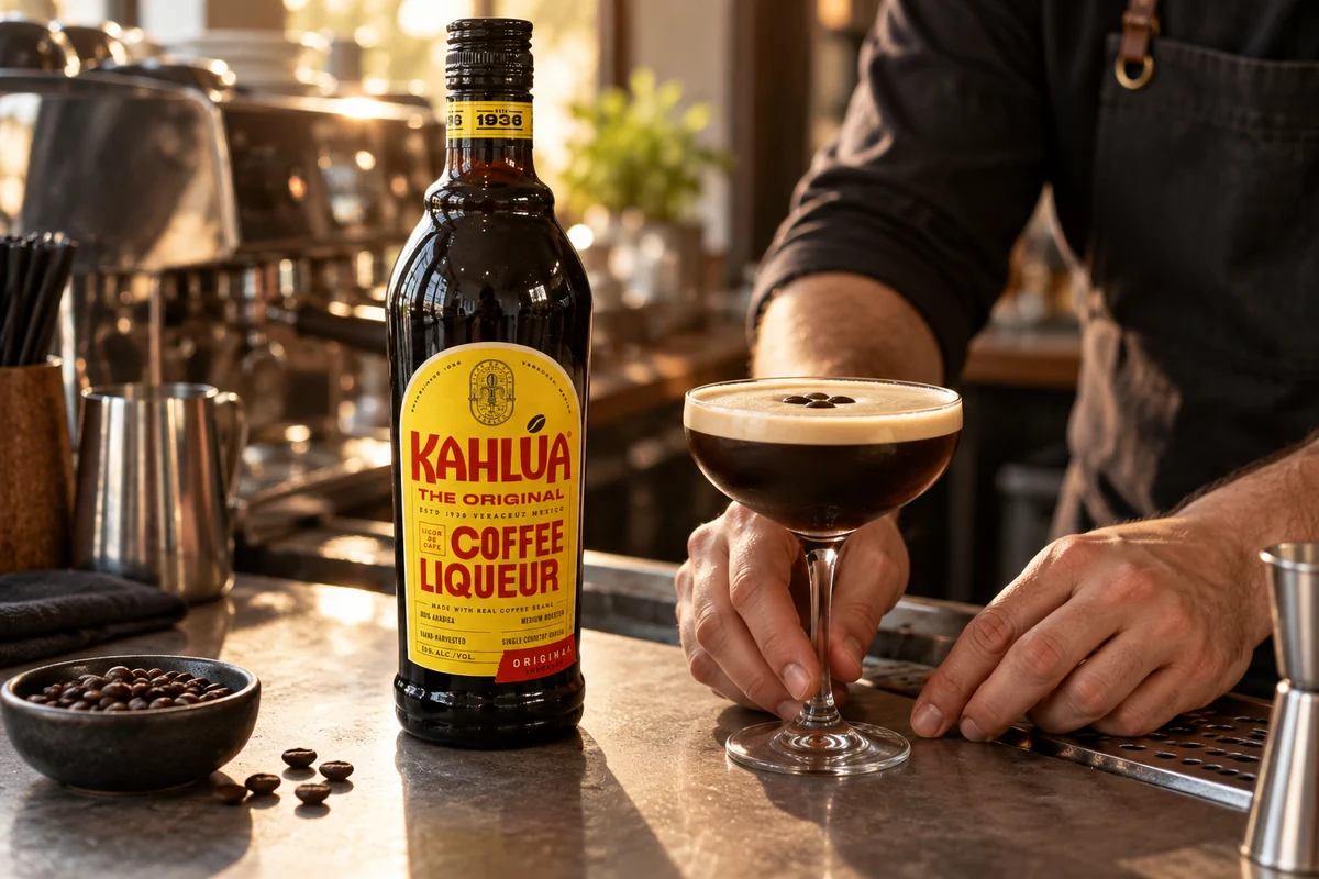 Kahlúa coffee liqueur bottle beside an espresso martini at an adult espresso bar