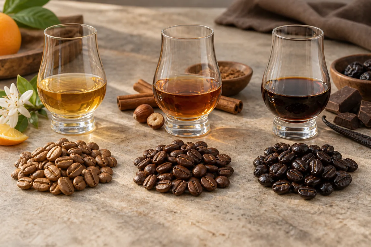 Coffee beans from light to dark roast beside matching brown coffee liqueur samples