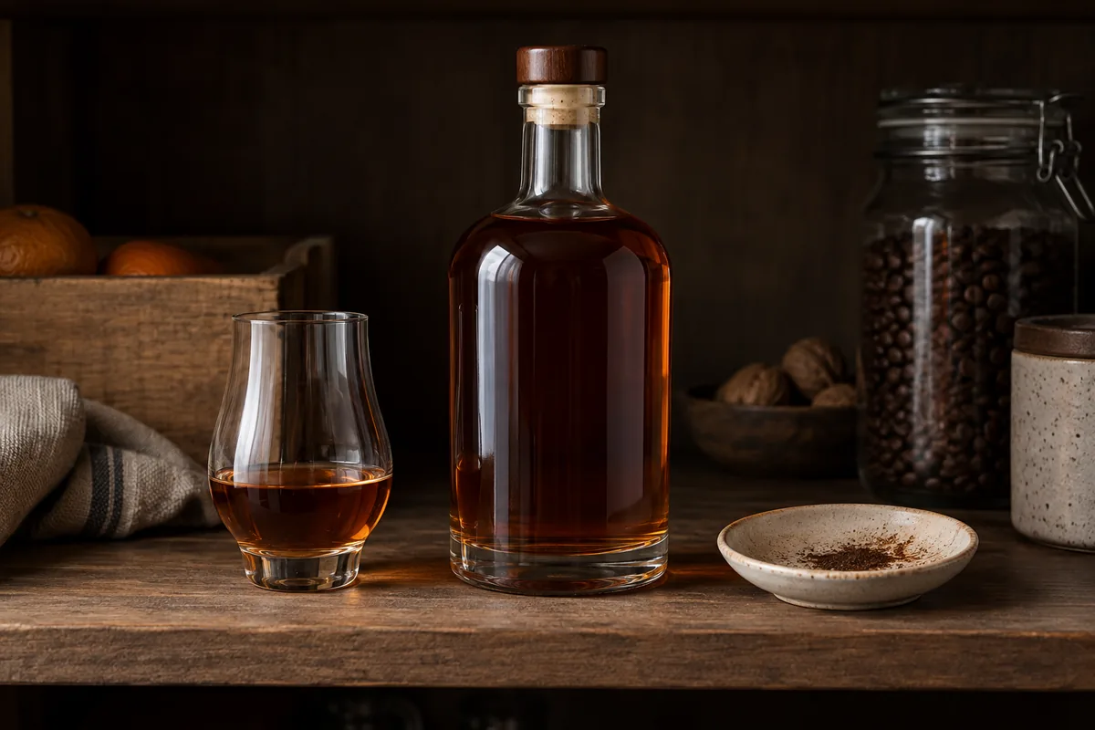 Coffee liqueur bottle stored upright beside a clean closure and a small sample with natural sediment