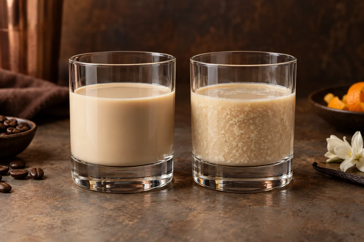Two small cream liqueur samples showing a smooth blend and a visibly curdled acidic mixture