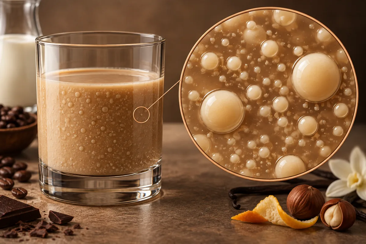 Magnified illustration of small fat droplets dispersed through a cream liqueur liquid phase