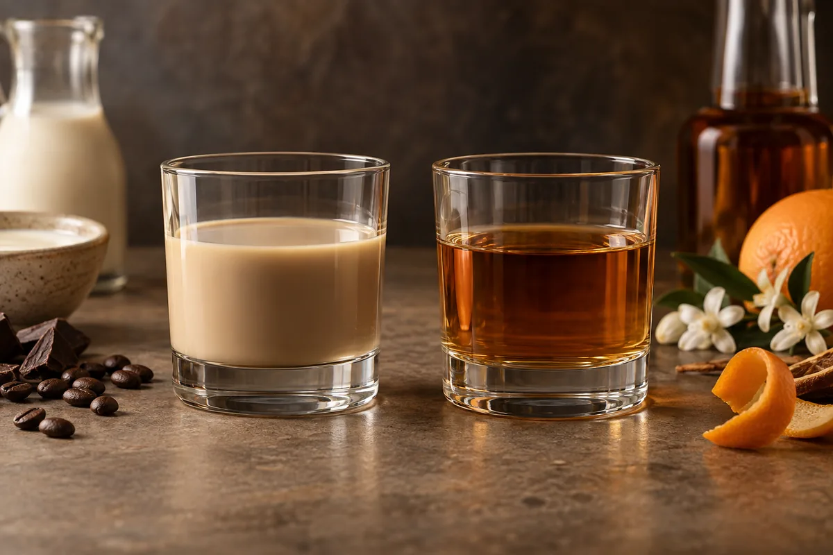 Opaque cream liqueur beside transparent crème de cacao in matching plain glasses
