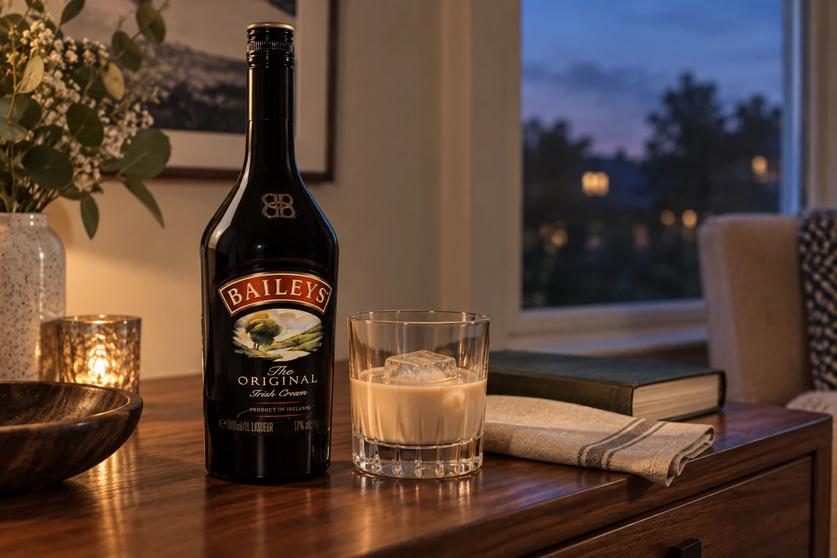 Baileys Original Irish Cream bottle beside a measured cream liqueur serving over ice