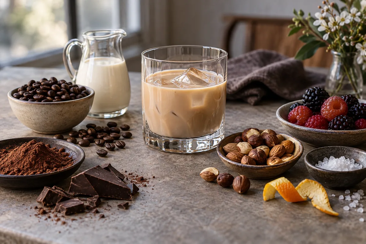 Measured cream liqueur served cool beside coffee, cocoa, berries, and toasted nuts