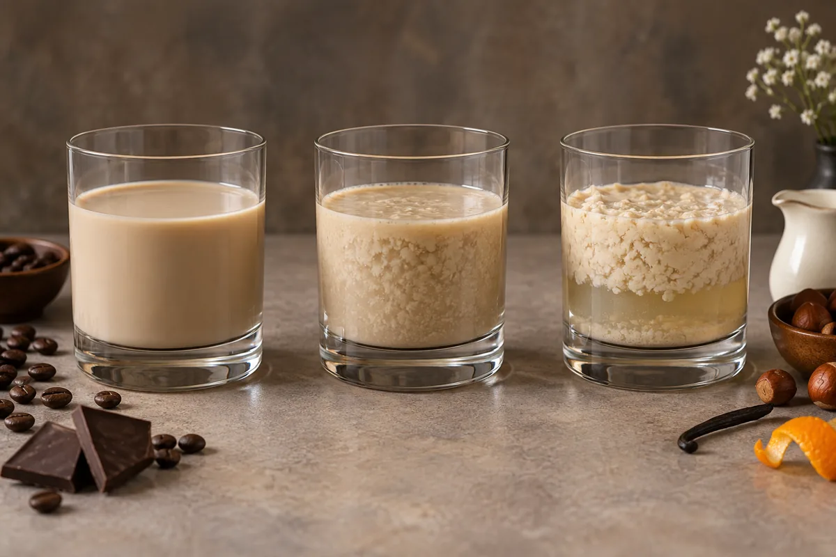 Cream liqueur samples showing uniform texture, reversible cold thickening, and irreversible separation