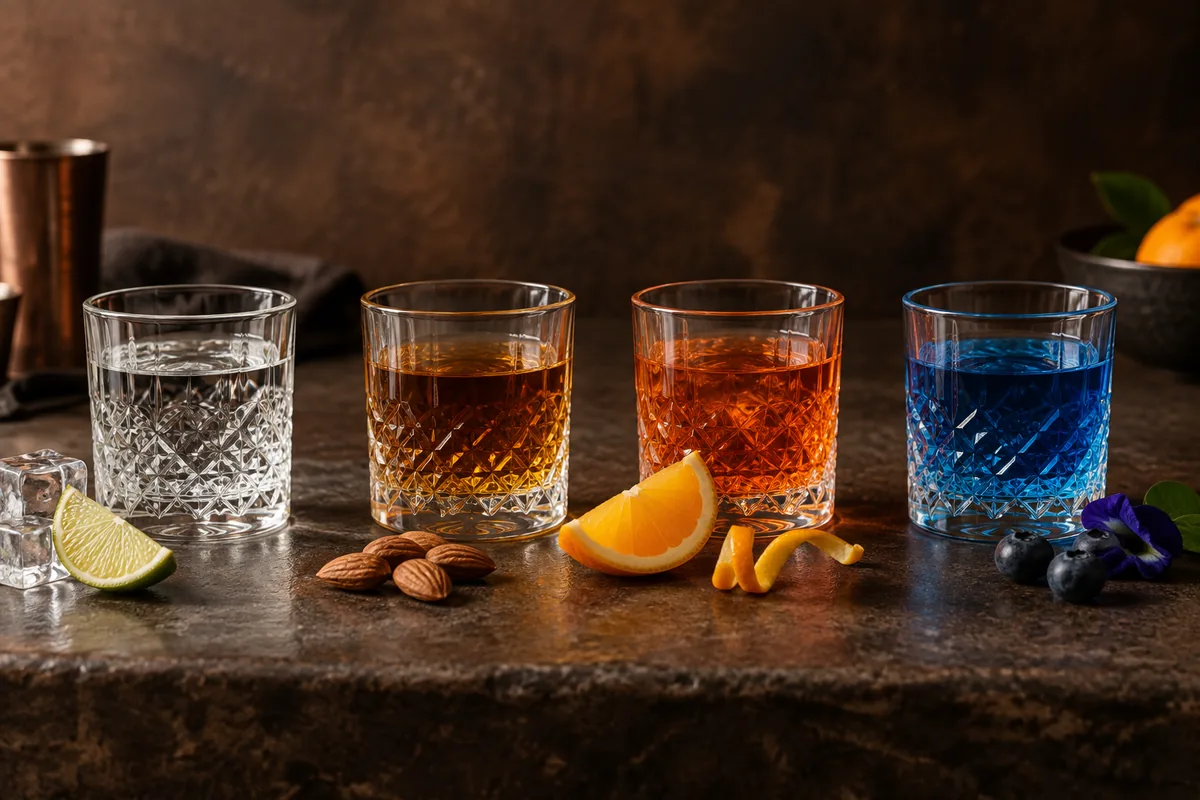 Matching clear, amber, orange, and blue orange-liqueur samples