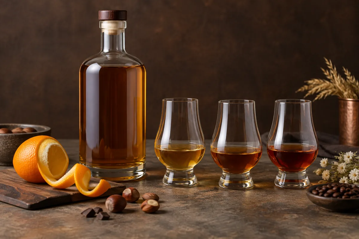 Unbranded orange liqueur label checklist beside dried peel and three coloured samples
