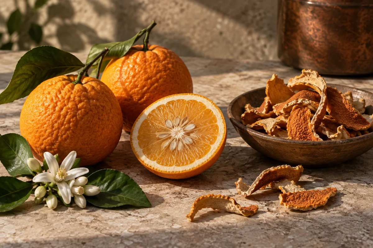 Whole Laraha-style bitter oranges and dried orange peel on a neutral work surface