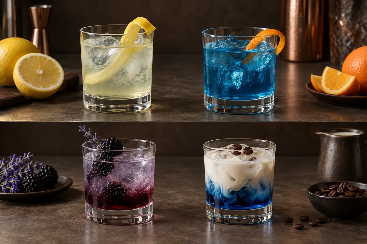 Clear and blue Curaçao added separately to pale citrus and dark fruit mixtures