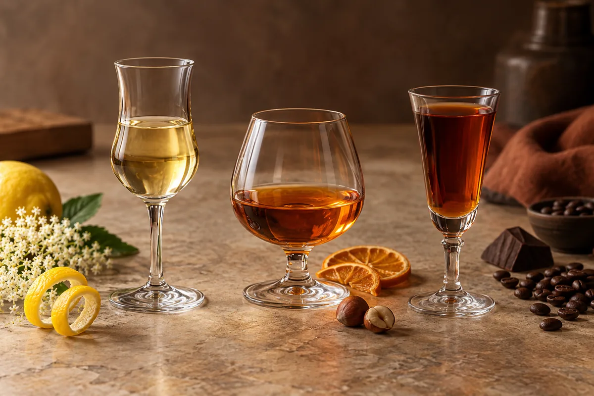 Three unbranded orange liqueur samples showing clear, pale amber, and deeper amber styles