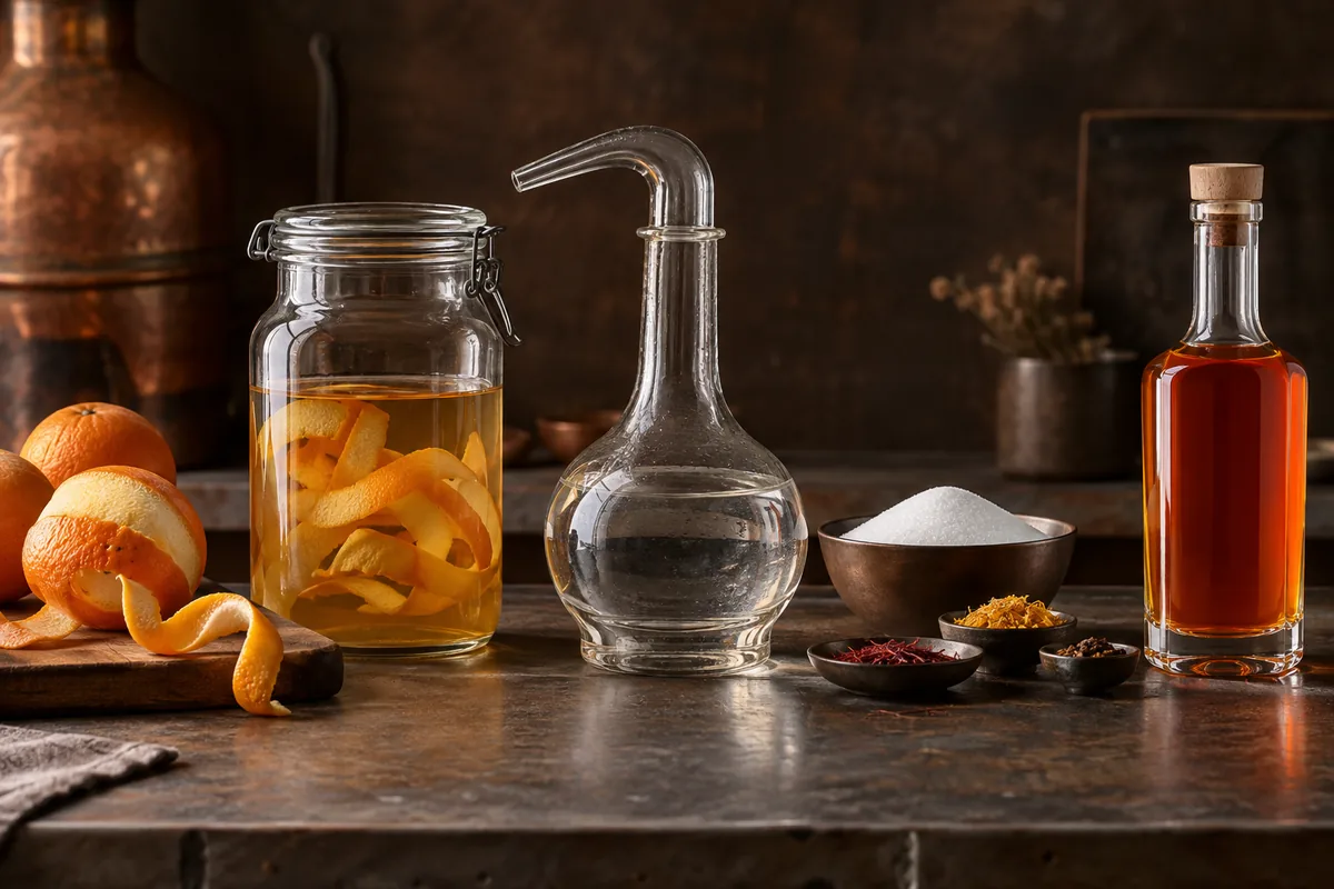 Dried orange peel, amber infusion, clear distillate, sugar, and coloured samples arranged as production stages