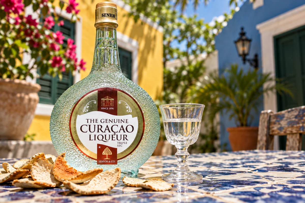 Senior & Co. Genuine Curaçao liqueur bottle beside dried laraha orange peel and a cordial glass