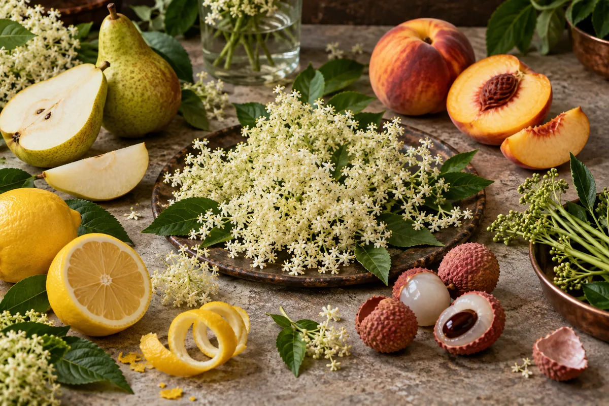 Elderflowers arranged with pear, white peach, lemon peel, lychee, and green stems