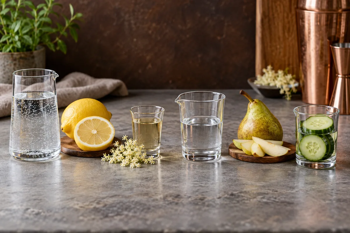 Measured elderflower liqueur paired separately with sparkling water, lemon, pear, cucumber, and gin